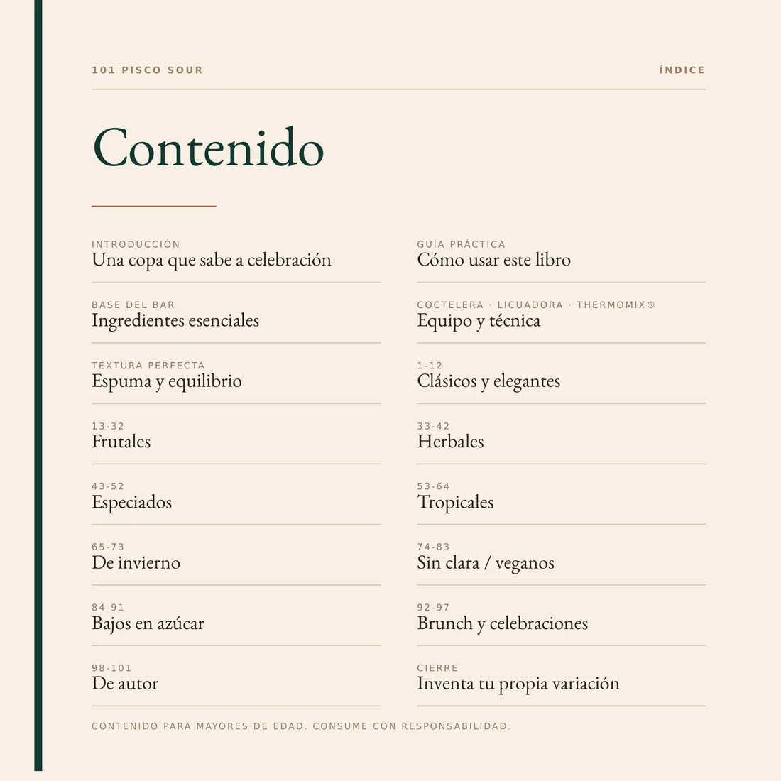 Página de contenido del libro, con las 101 recetas ordenadas por categoría